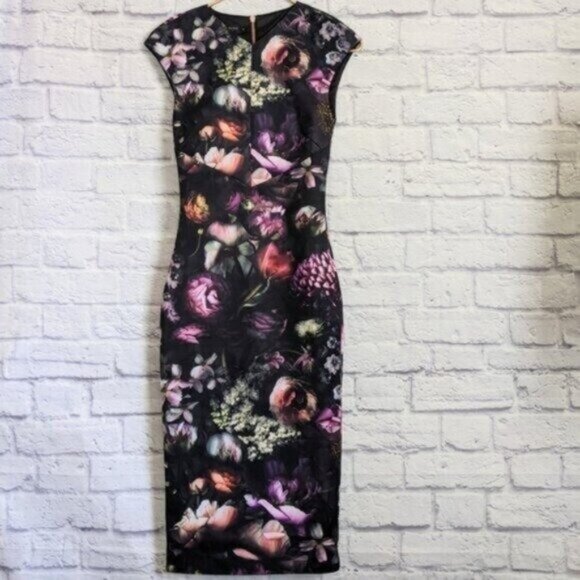 Ted Baker Raisie Bodycon Midi Dress 0 Shadow Floral Print Cocktail Office Party - Picture 3 of 8
